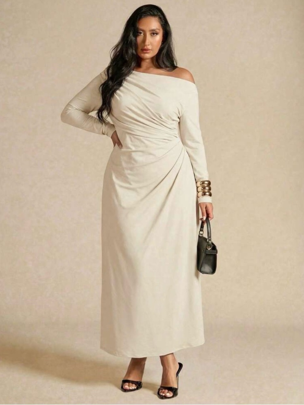 Elegant Ivory Cream One-Shoulder Maxi Dress